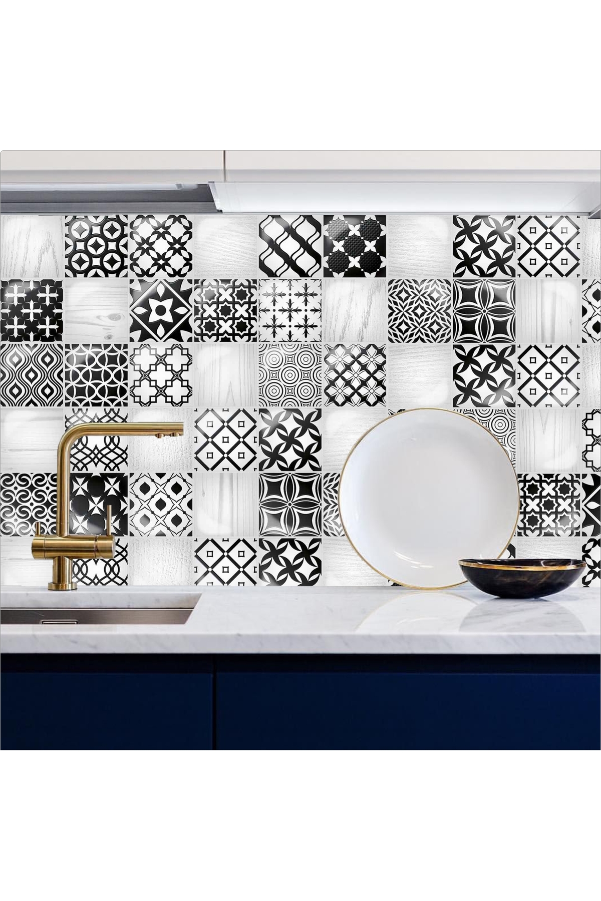 Mutfak Tezgah Arası Kendinden Yapışşkanlı Folyo Kaplama Siyah Beyaz Fayans Desen 60cmx100cm