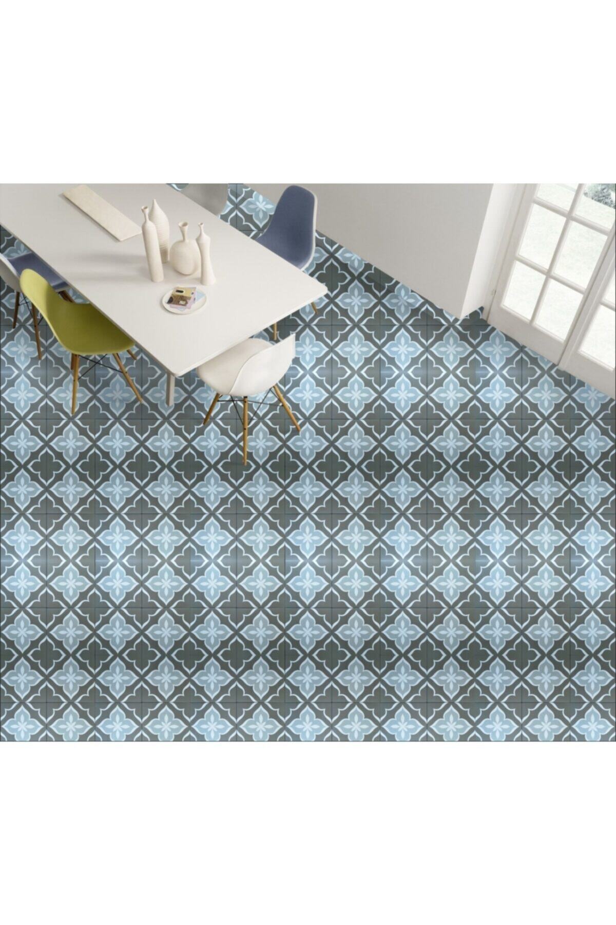 Mavi Desenli Kendinden Yapışkanlı Laminasyonlu Karo Taş Desen Yer Kaplama Folyosu 60x100 Cm