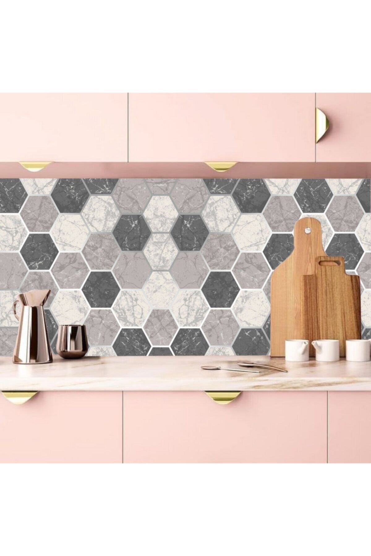Mutfak Tezgah Arası Kendinden Yapışkanlı Folyo Kaplama Mermer Desen Altıgen Geometrik 60cmx100cm