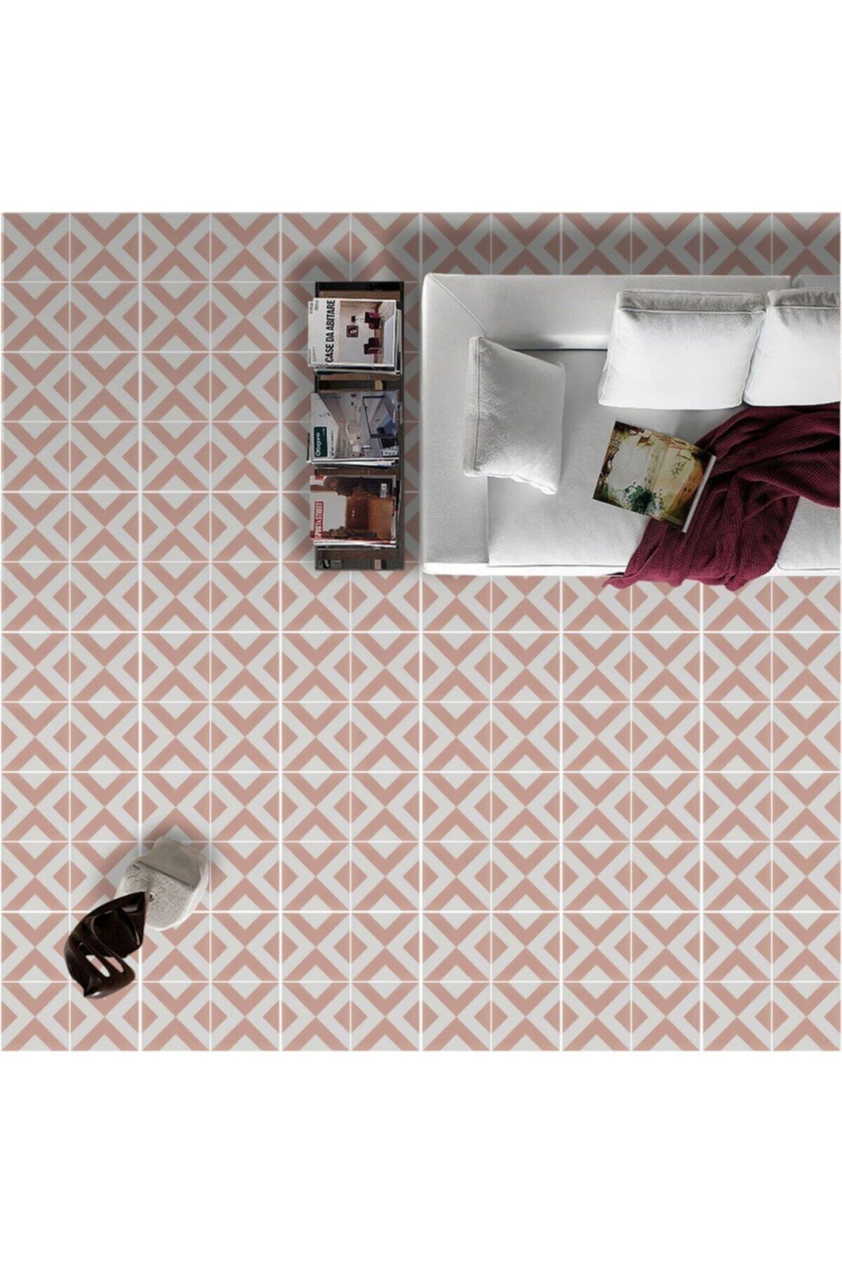 Kendinden Yapışkanlı Laminasyonlu Pembe Karo Taş Desen Yer Kaplama Folyosu