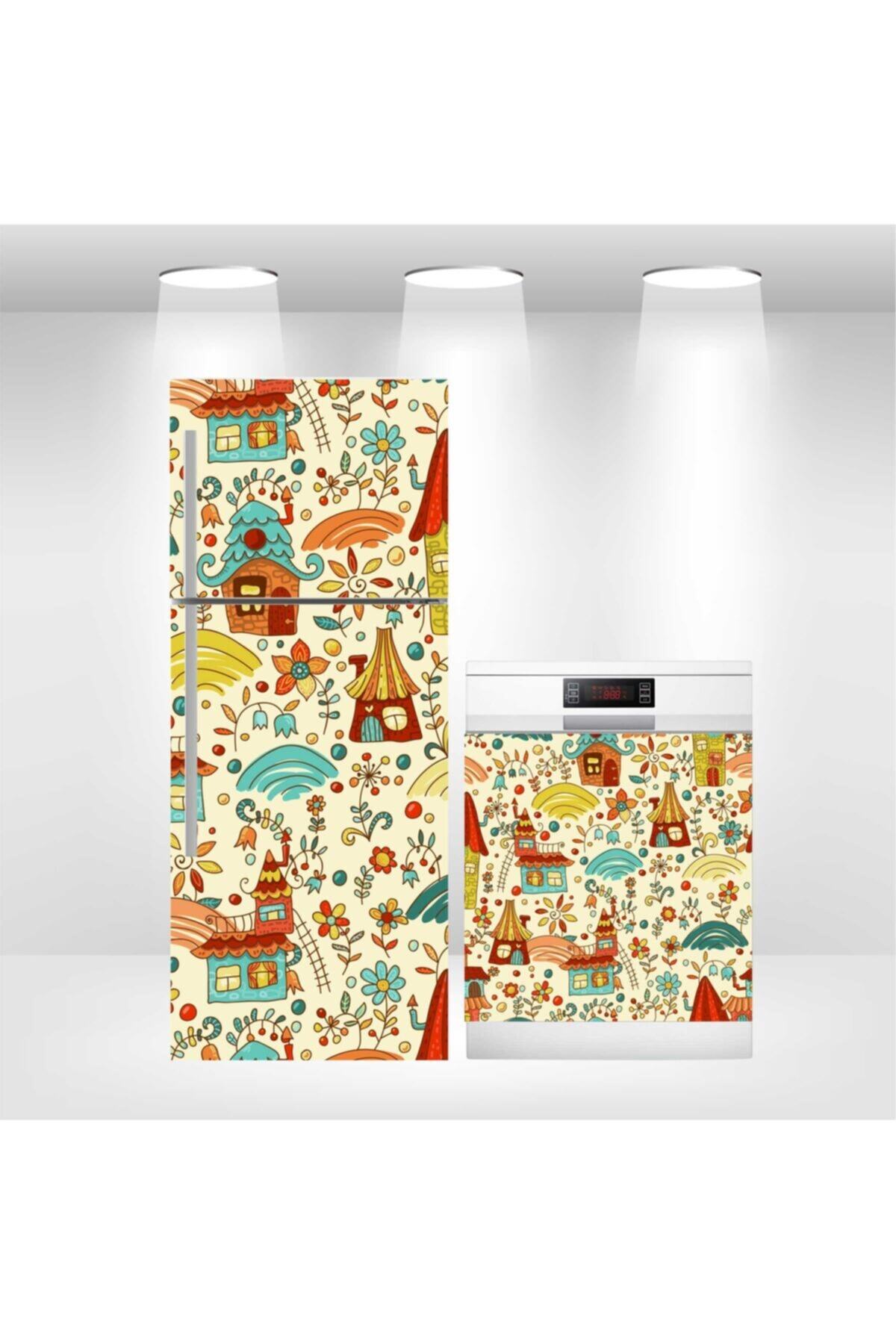 Buzdolabı Ve Bulaşık Makinesi Kapak Sticker Kendinden Yapışkanlı Folyo Kaplama Renkli Evler