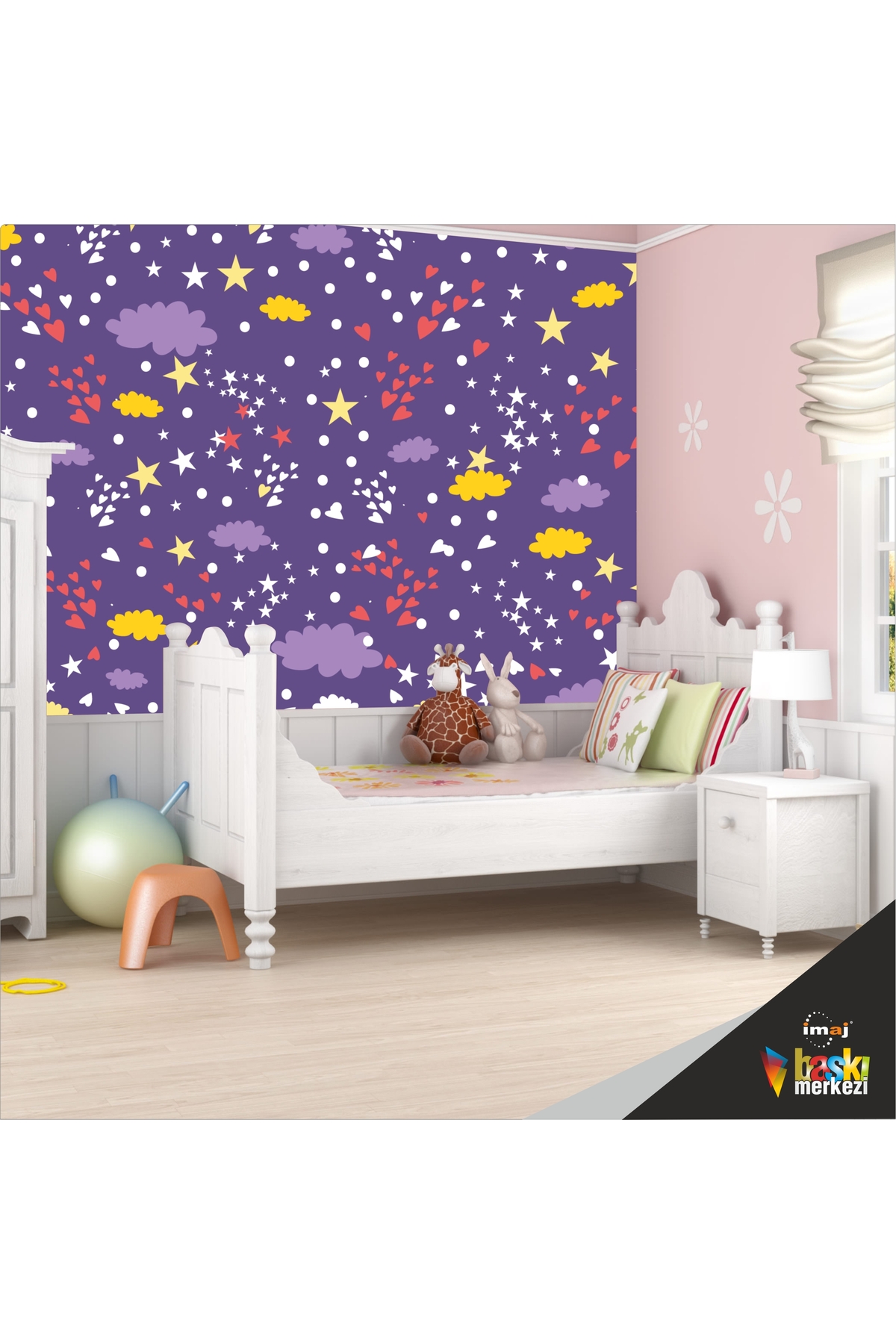 Çocuk Odası Duvar Kaplama Kendinden Yapışkanlı Folyo Yıldız Bulut Mor 50 cm x300 cm