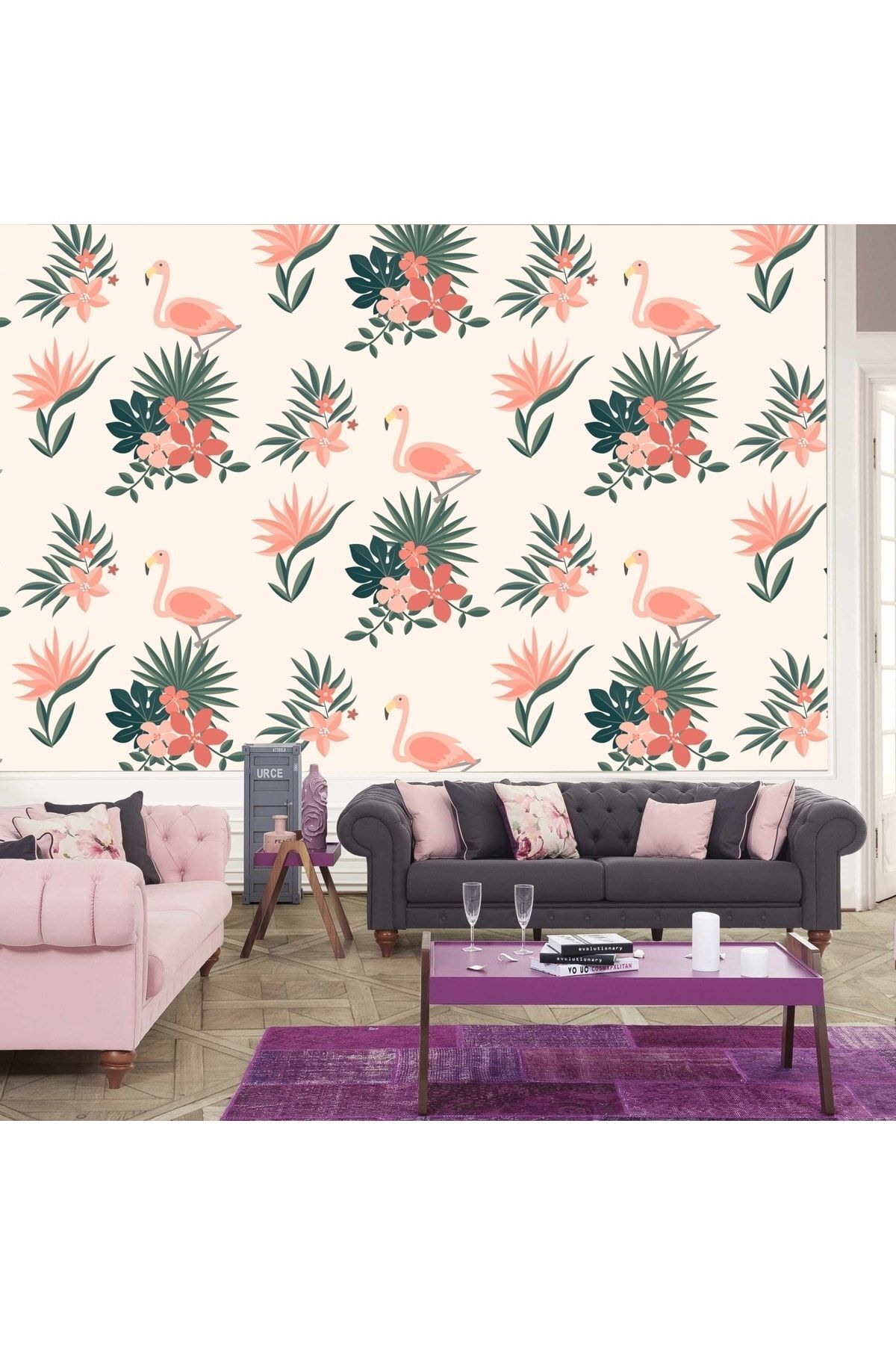 Duvar Kaplama Folyosu Kendinden Yapışkanlı Flamingo Tropik 50cmx300cm