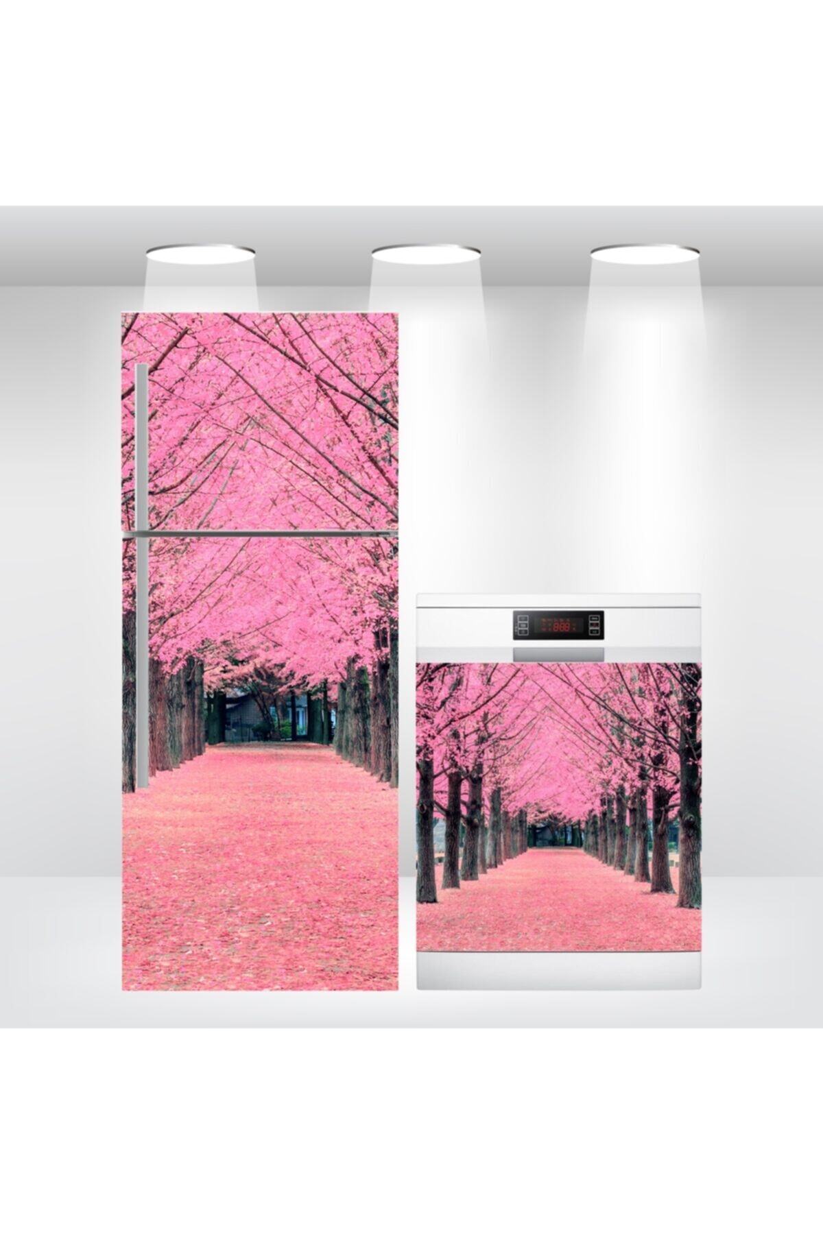 Buzdolabı Ve Bulaşık Makinesi Kapak Sticker Kendinden Yapışkanlı Folyo Pembe Ağaçlar