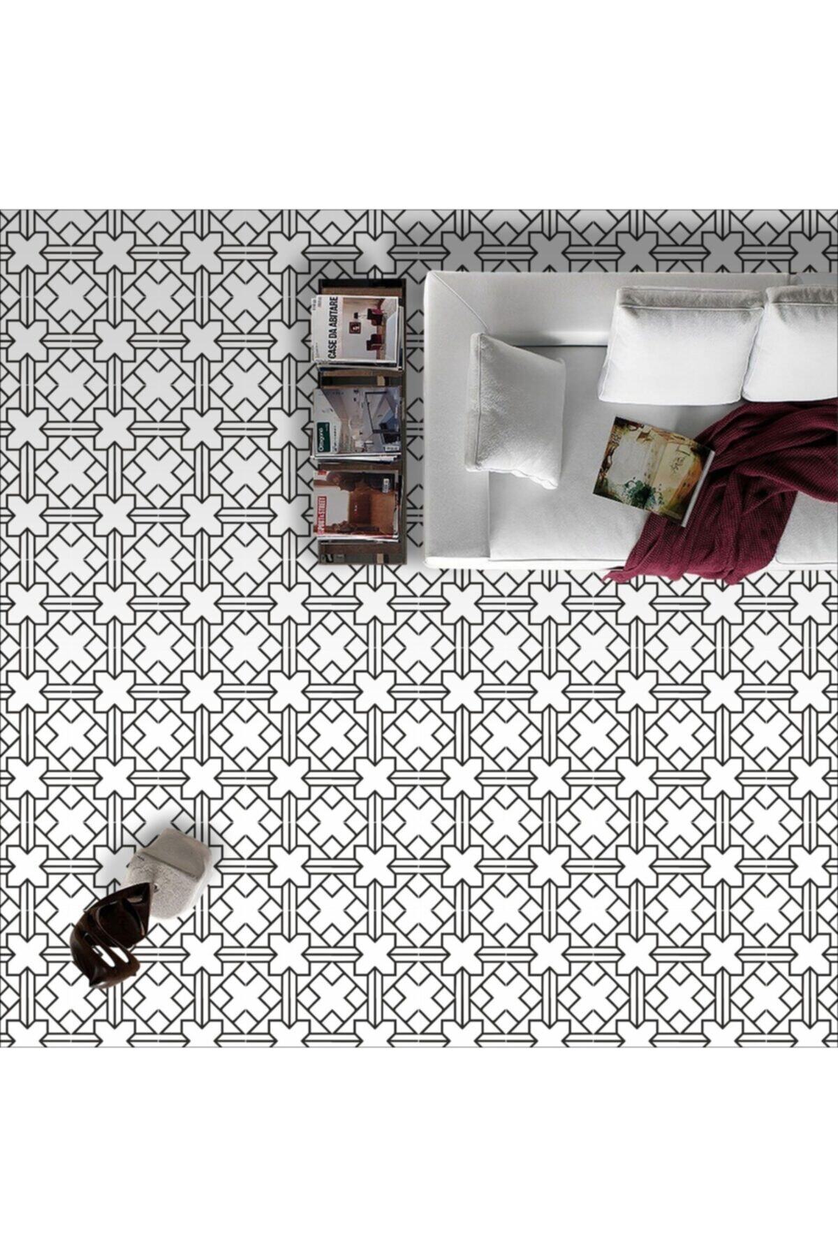 Kendinden Yapışkanlı Laminasyonlu Siyah Beyaz Karo Taş Desen Yer Kaplama Folyosu 60cmx100 Cm