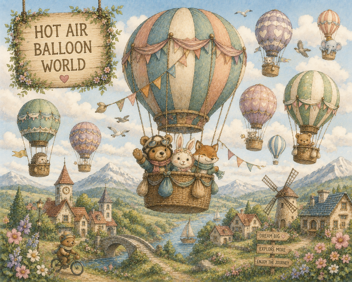 Hot Air Balloon World (dünya şehirleri üzerinde pastel balonlar) Duvar Kağıdı (HC-K016) – görsel 2