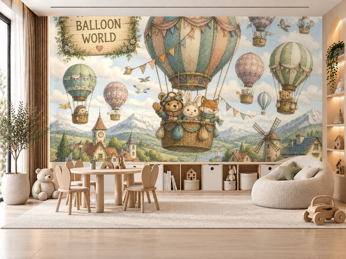 Hot Air Balloon World (dünya şehirleri üzerinde pastel balonlar) Duvar Kağıdı (HC-K016) – görsel 1
