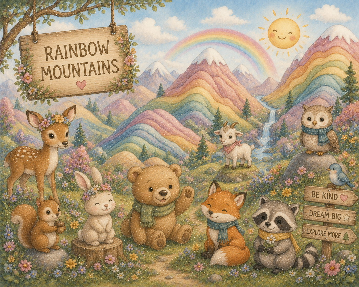 Rainbow Mountains (renkli tepeler ve dost hayvanlar) Duvar Kağıdı (HC-K017) – görsel 2