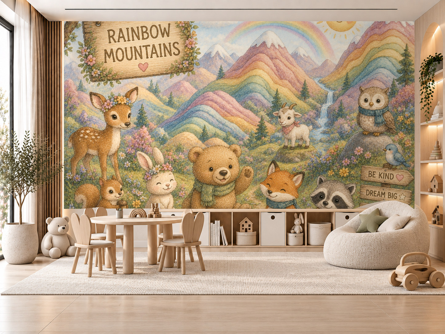 Rainbow Mountains (renkli tepeler ve dost hayvanlar) Duvar Kağıdı (HC-K017) – görsel 1