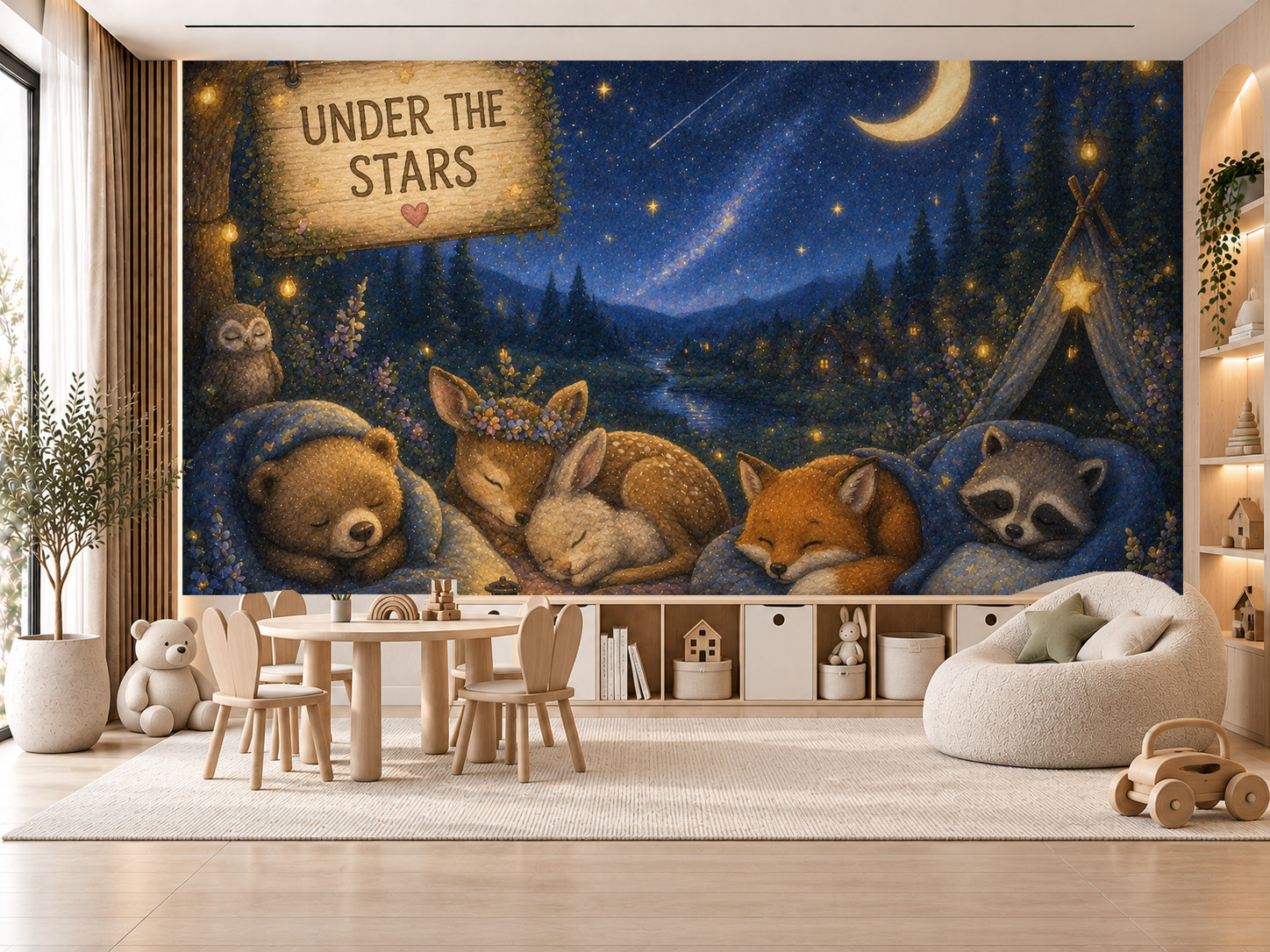 Under the Stars (gece gökyüzü ve uyuyan hayvanlar) Duvar Kağıdı (HC-K018) – görsel 1