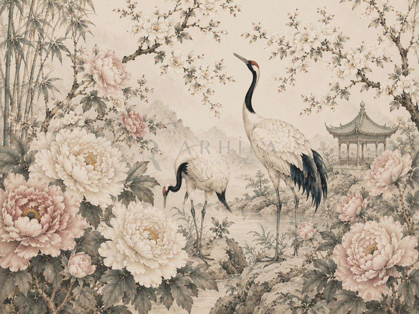 — Peony & Crane Duvar Kağıdı (CH-006) – görsel 2