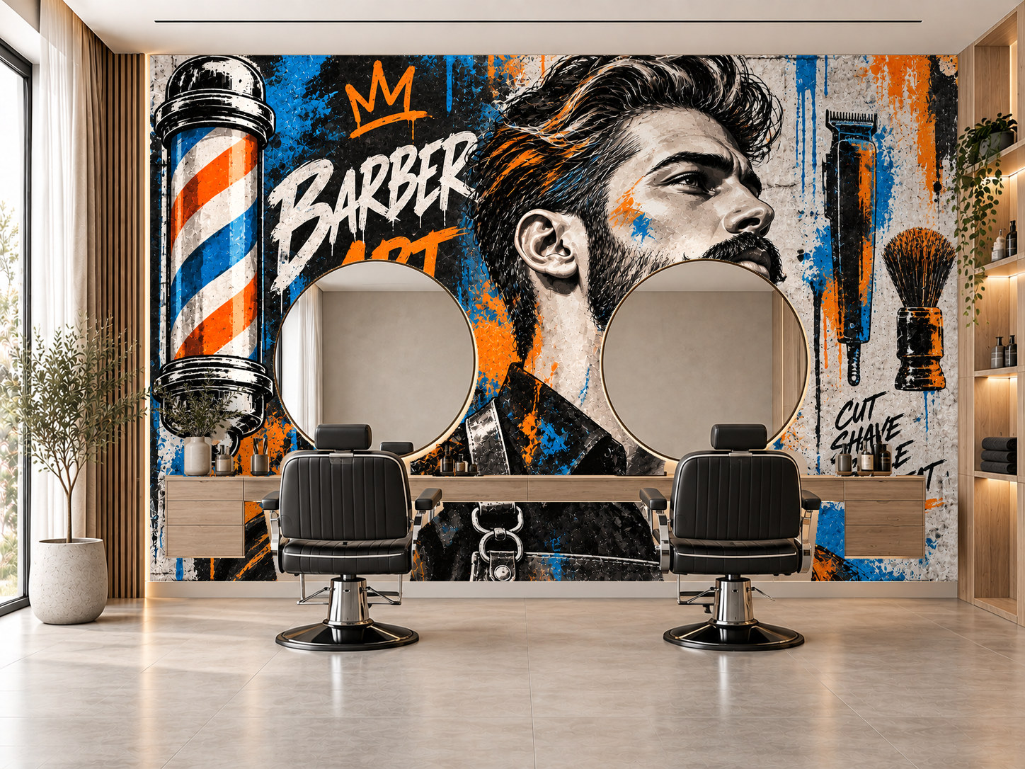 Blue Orange Barber Art — Berber Duvar Kağıdı (TS-BR-027) – görsel 1