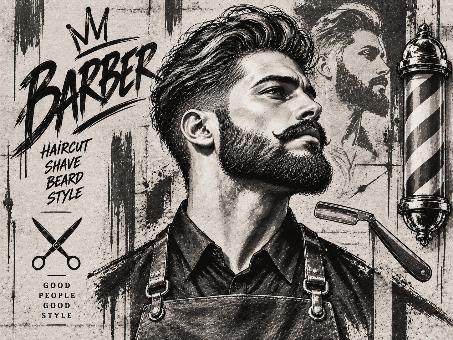 Monochrome Barber Sketch — Berber Duvar Kağıdı (TS-BR-029) – görsel 2