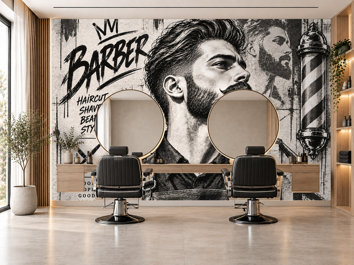 Monochrome Barber Sketch — Berber Duvar Kağıdı (TS-BR-029) – görsel 1