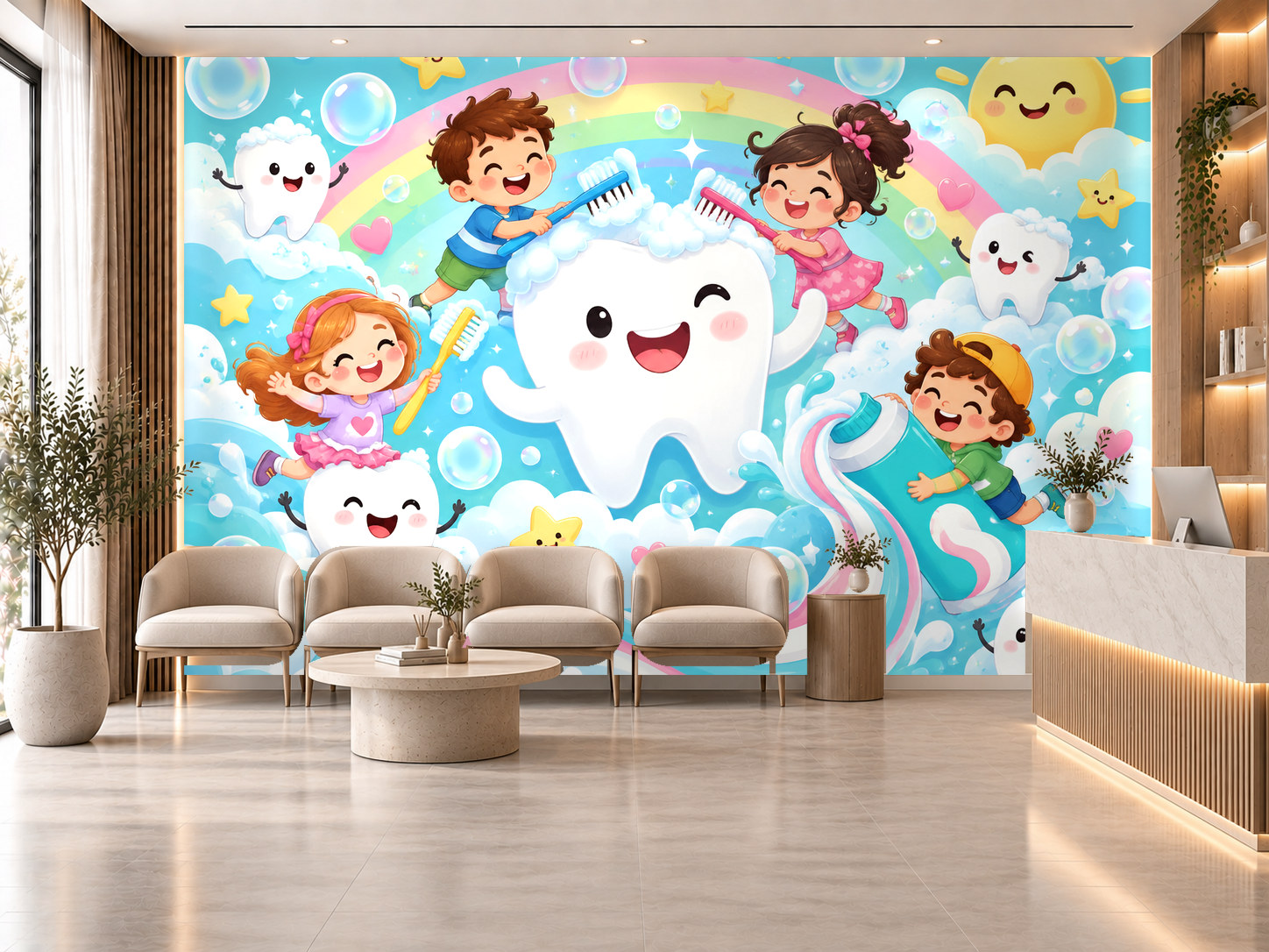 Colorful Brushing Fun — Diş kliniği Duvar Kağıdı (TS-DT-008) – görsel 1
