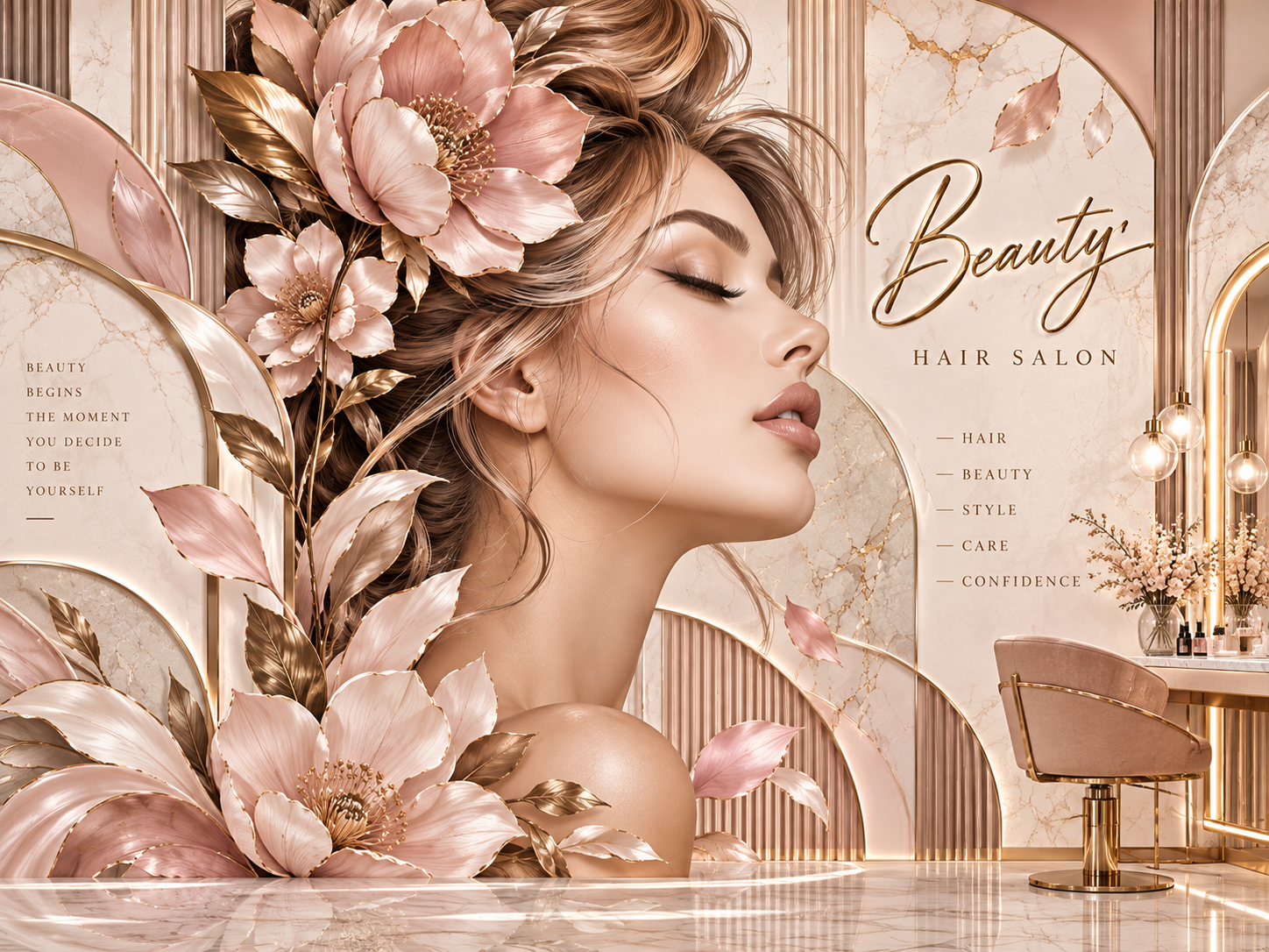 Floral Beauty Portrait — Kuaför Duvar Kağıdı (TS-HB-016-V2) – görsel 2
