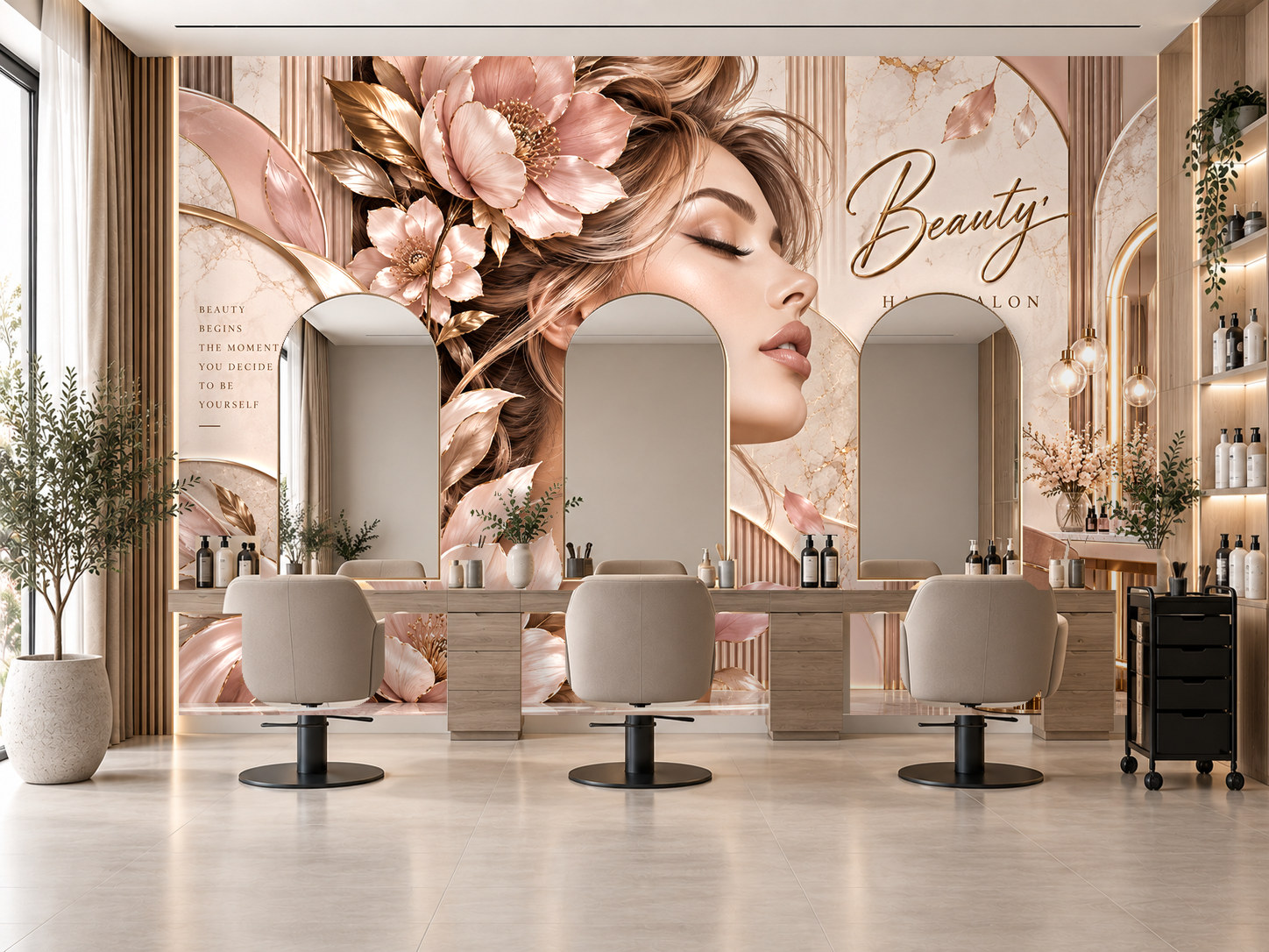 Floral Beauty Portrait — Kuaför Duvar Kağıdı (TS-HB-016-V2) – görsel 1