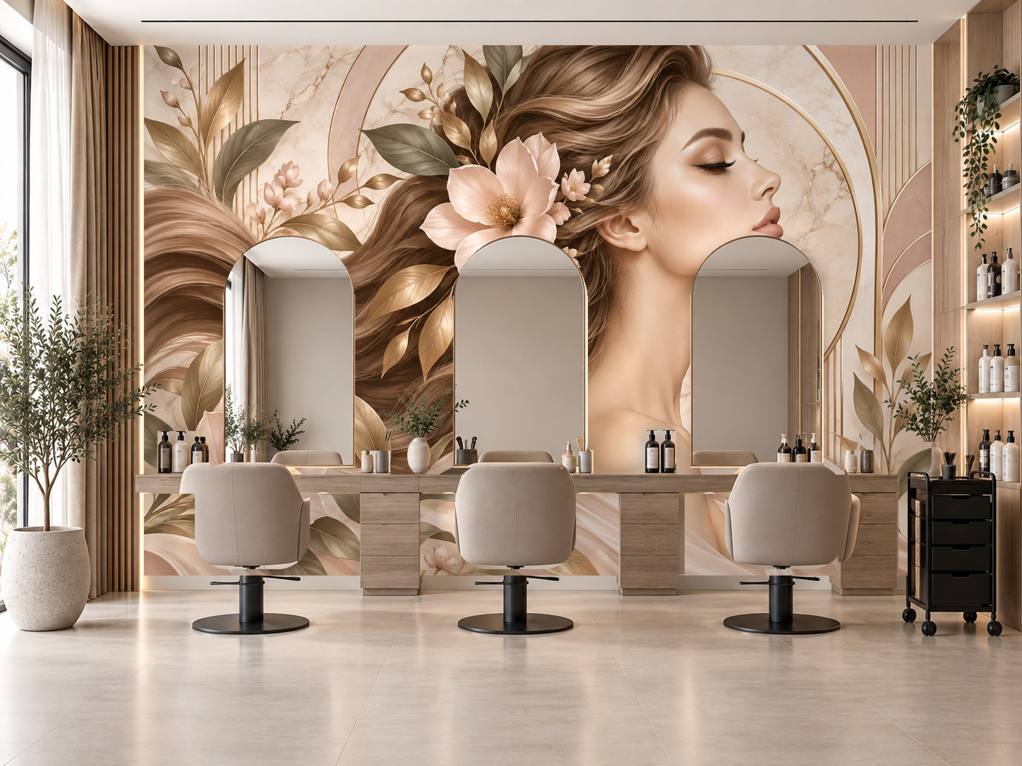 Botanical Hair Elegance — Kuaför Duvar Kağıdı (TS-HB-020) – görsel 1