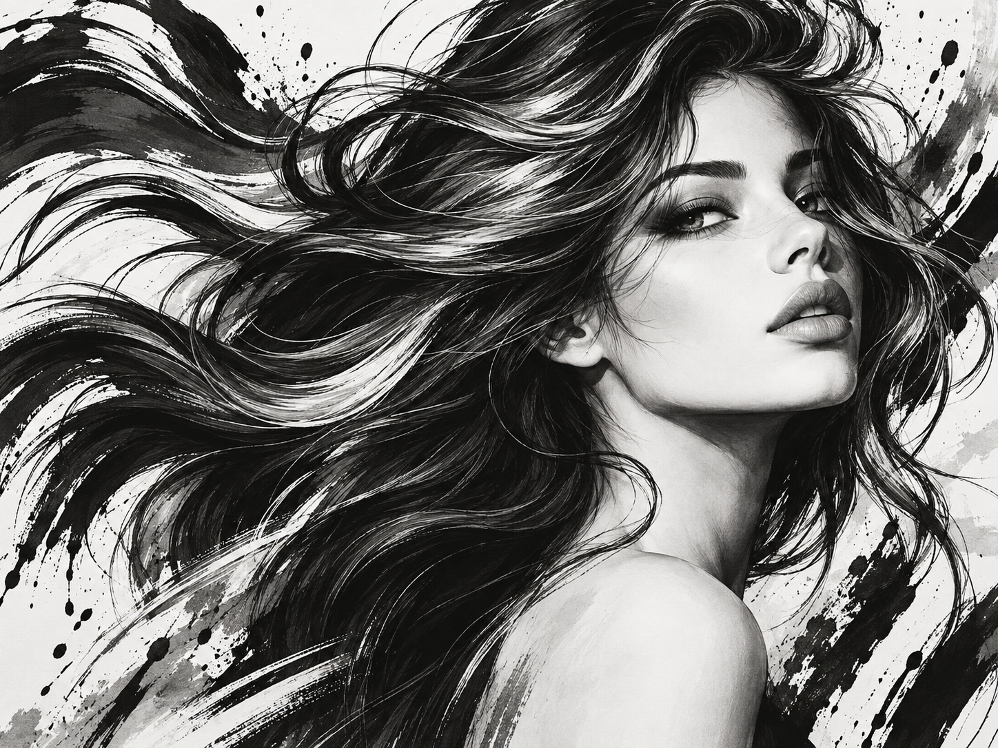 Black & White Hair Art — Kuaför Duvar Kağıdı (TS-HB-023) – görsel 2