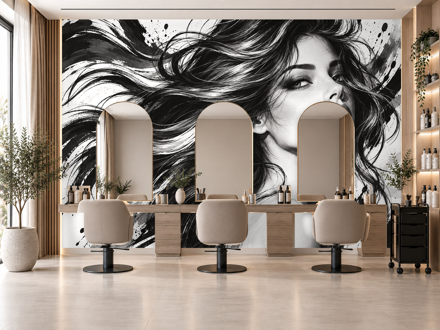 Black & White Hair Art — Kuaför Duvar Kağıdı (TS-HB-023) – görsel 1