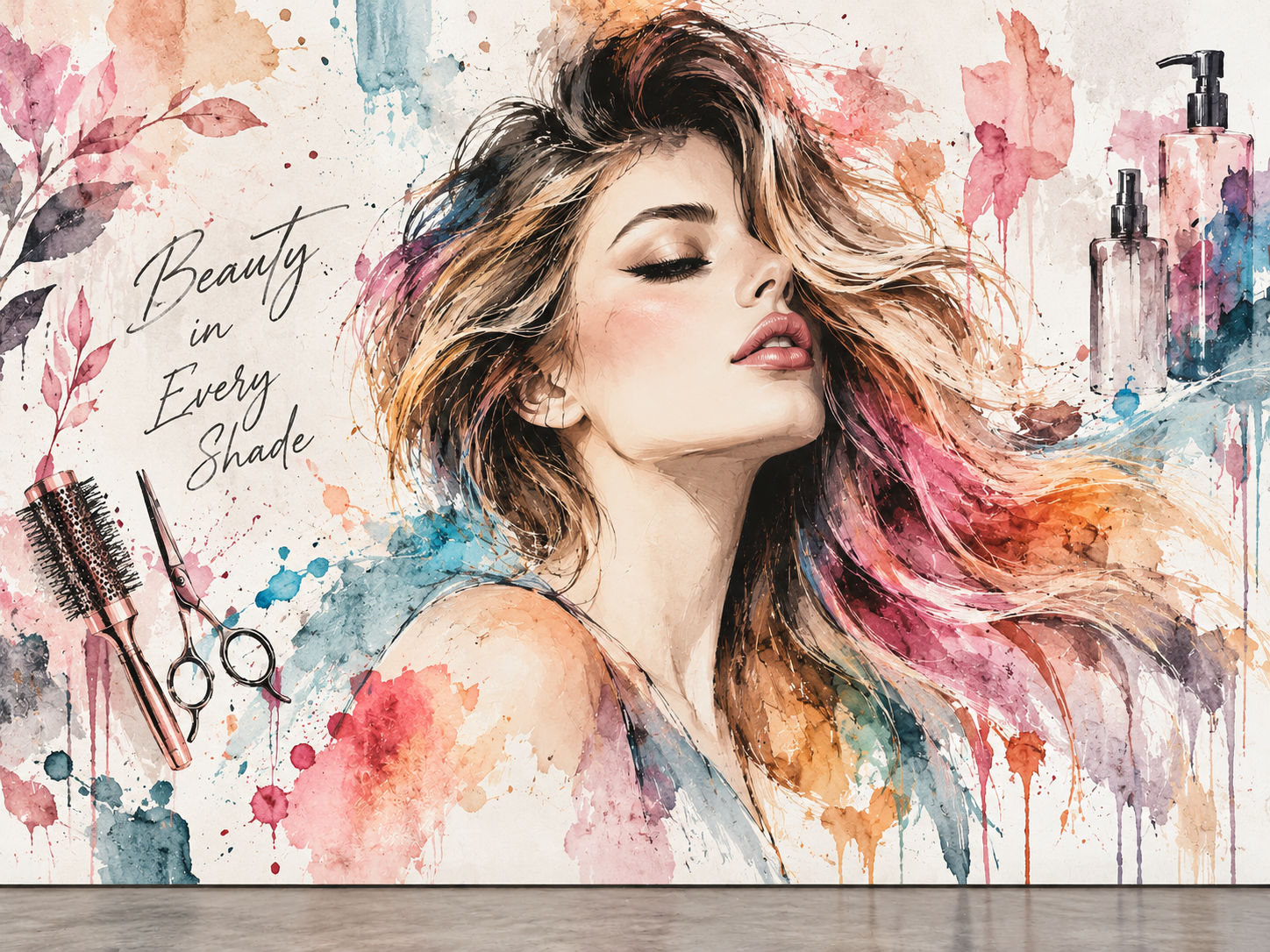 Watercolor Hair Motion — Kuaför Duvar Kağıdı (TS-HB-025) – görsel 2