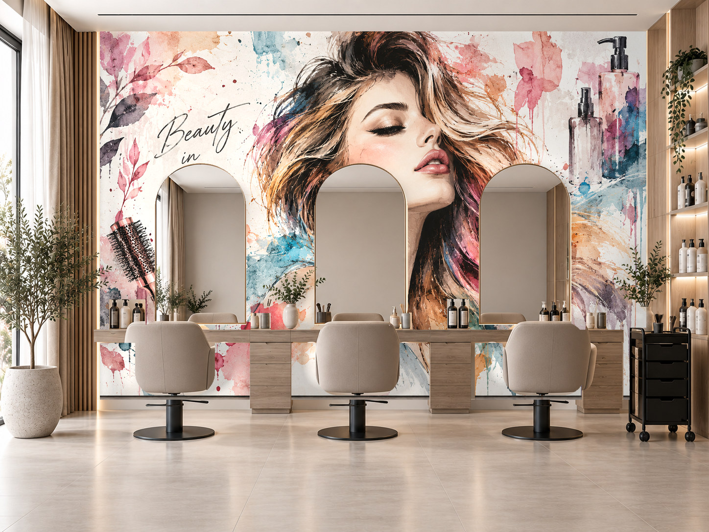 Watercolor Hair Motion — Kuaför Duvar Kağıdı (TS-HB-025) – görsel 1