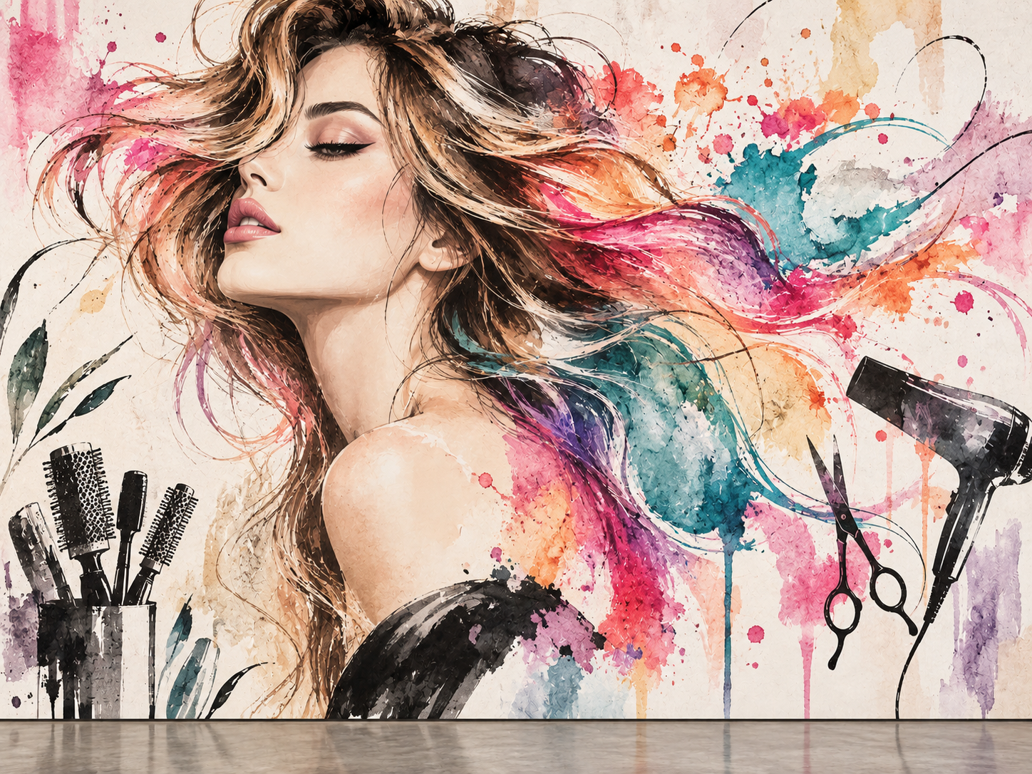 Watercolor Hair Motion — Kuaför Duvar Kağıdı (TS-HB-025A) – görsel 2