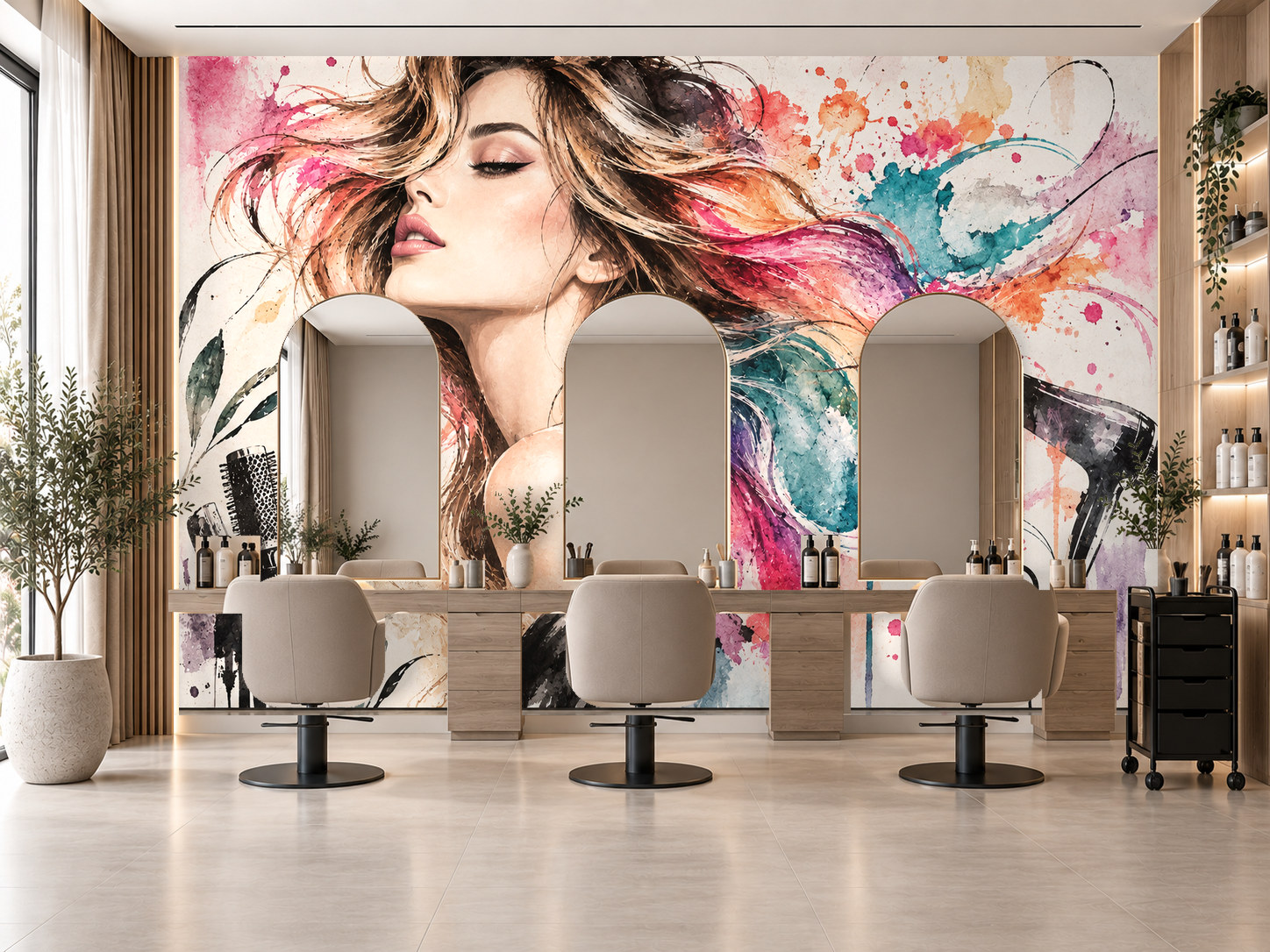 Watercolor Hair Motion — Kuaför Duvar Kağıdı (TS-HB-025A) – görsel 1