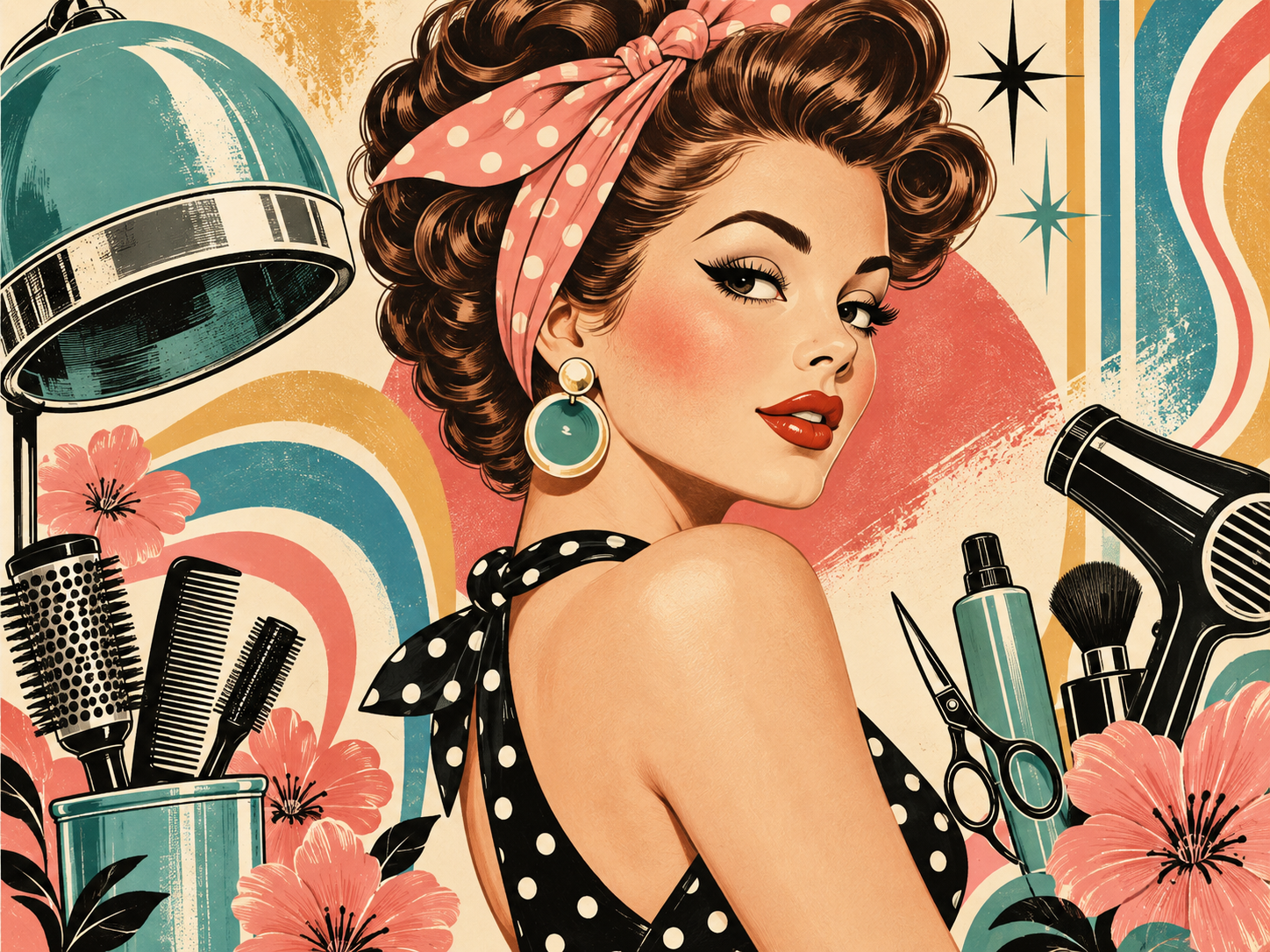 Retro Salon Girl — Kuaför Duvar Kağıdı (TS-HB-027) – görsel 2