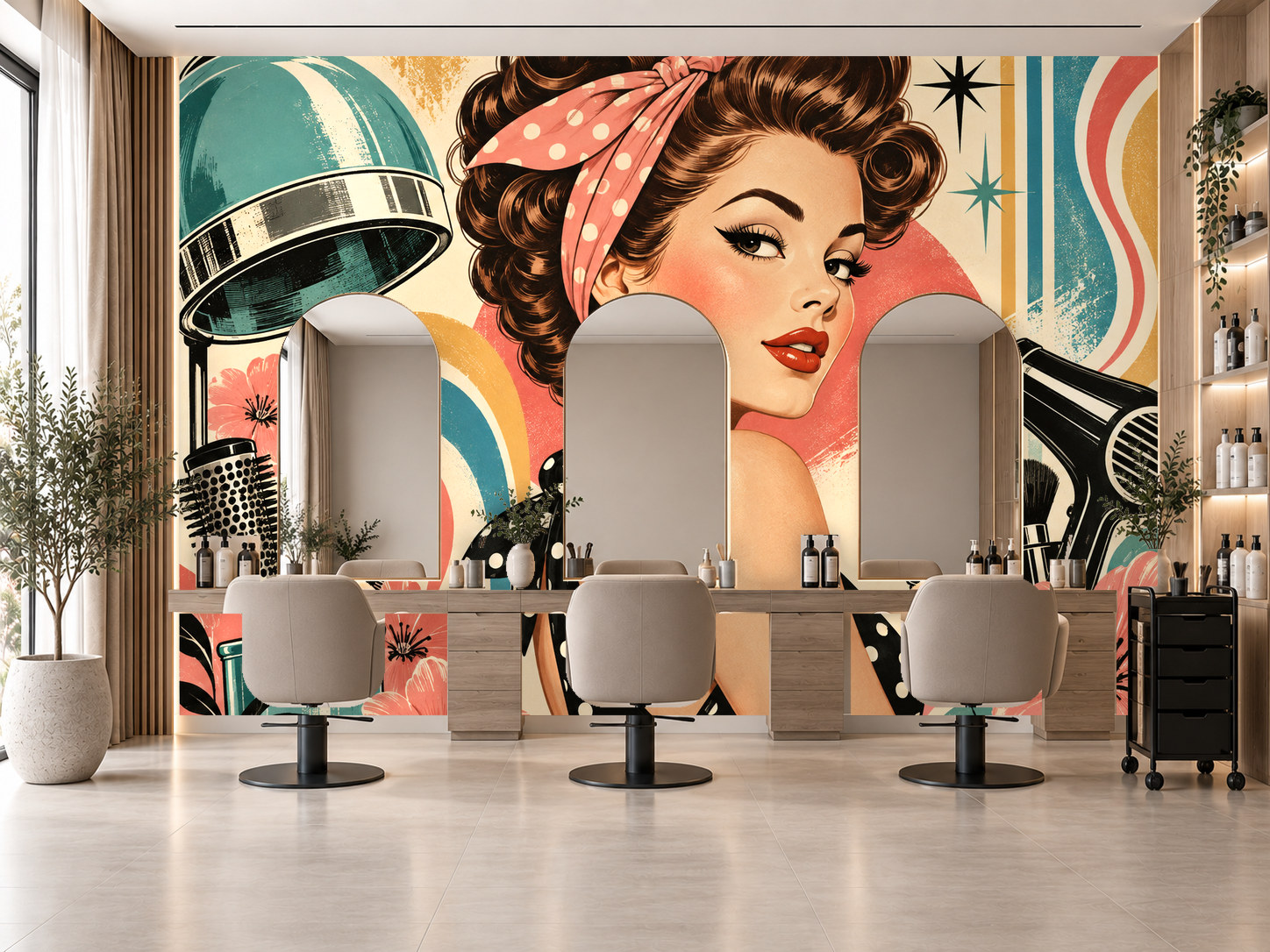 Retro Salon Girl — Kuaför Duvar Kağıdı (TS-HB-027) – görsel 1