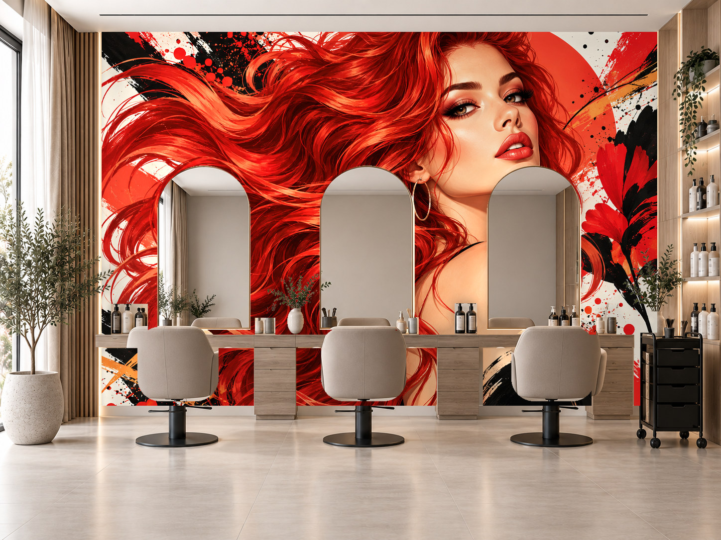 Bold Red Hair Muse — Kuaför Duvar Kağıdı (TS-HB-028) – görsel 1