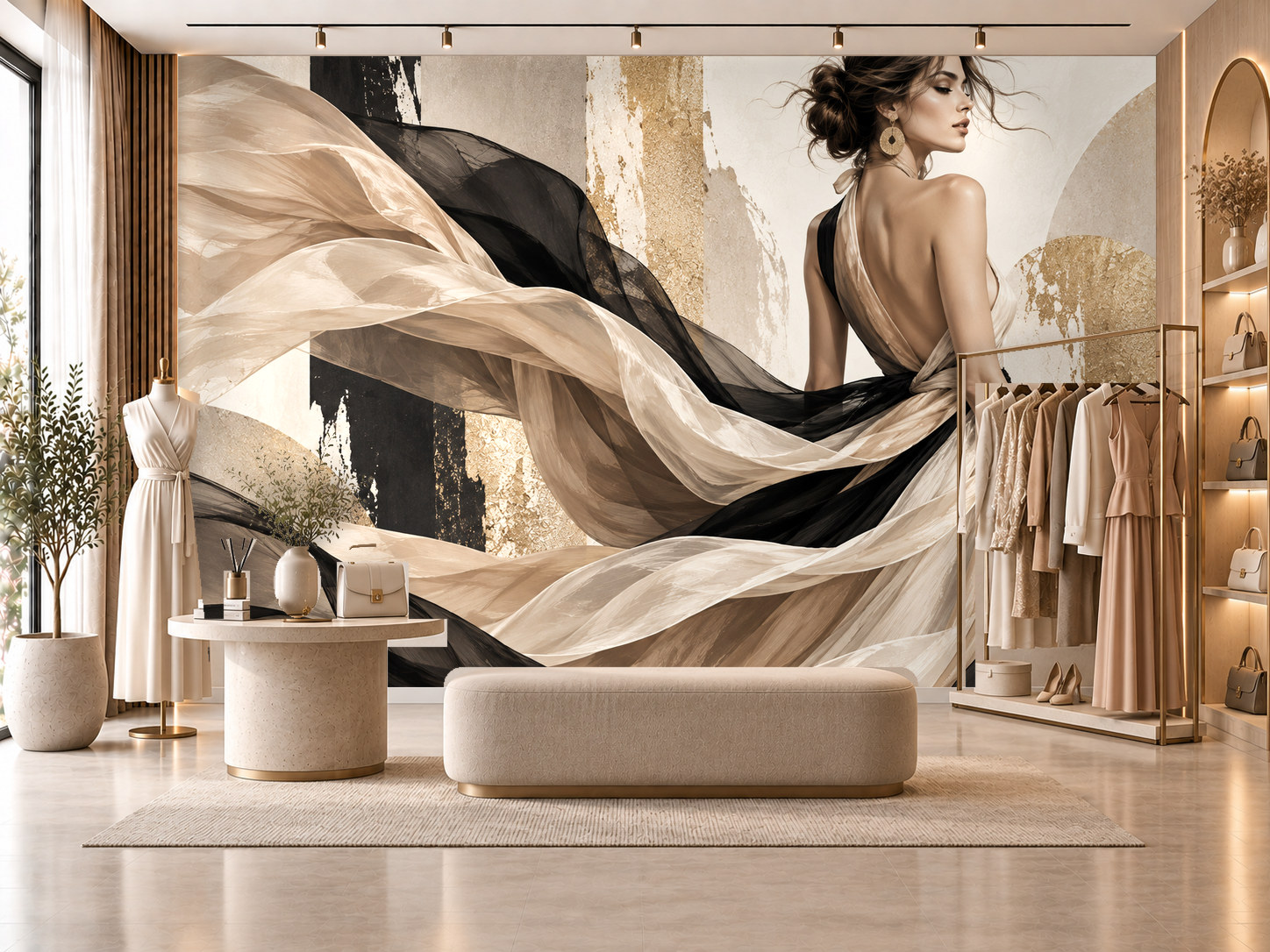 Luxury Fabric Motion — Kadın butik Duvar Kağıdı (TS-WF-012) – görsel 1