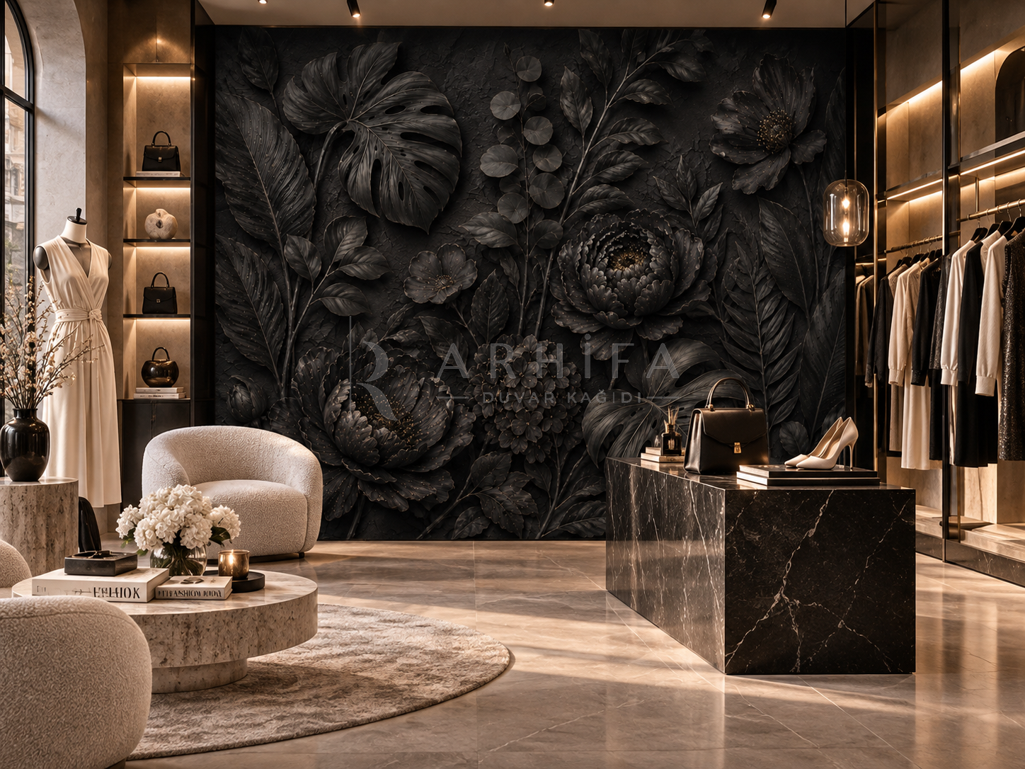 Black Botanical Relief - Özel Tasarım Duvar Kağıdı (DKB-013) görsel