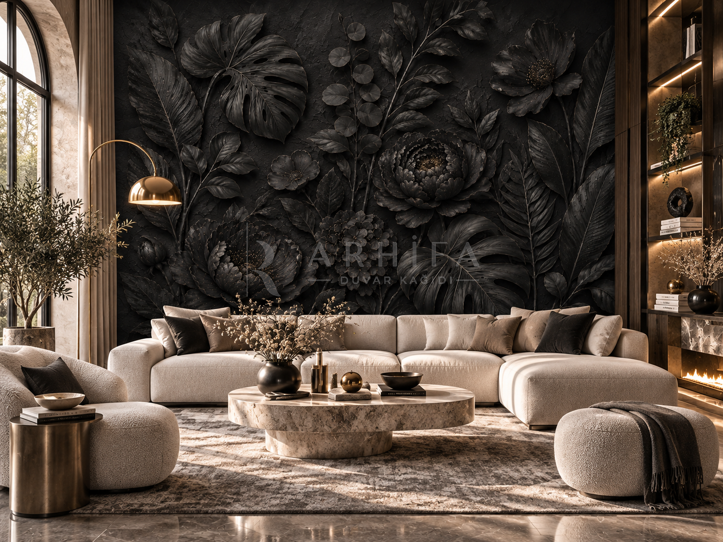 Black Botanical Relief - Özel Tasarım Duvar Kağıdı (DKB-013) – görsel 3