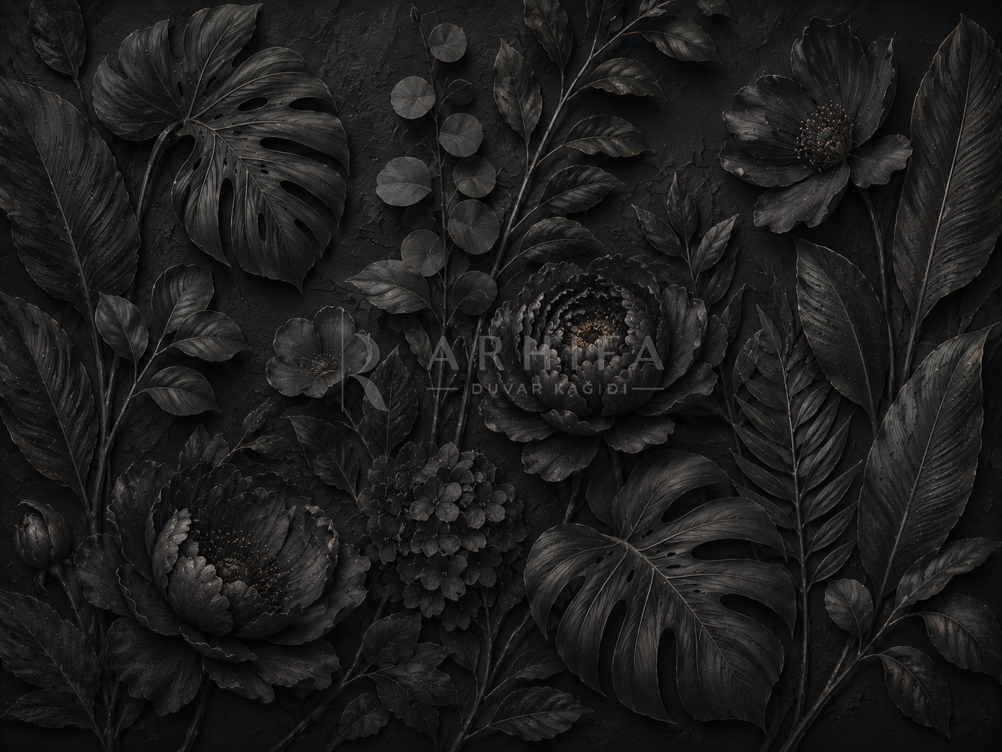 Black Botanical Relief - Özel Tasarım Duvar Kağıdı (DKB-013) – görsel 5