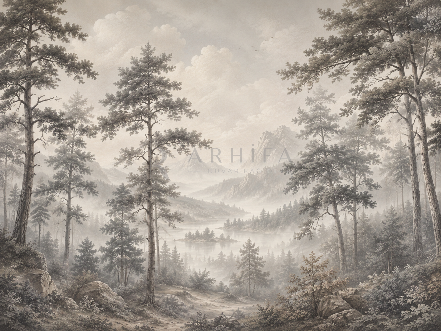 Misty Pine Landscape - Botanik Duvar Kağıdı (FM-002) – görsel 4