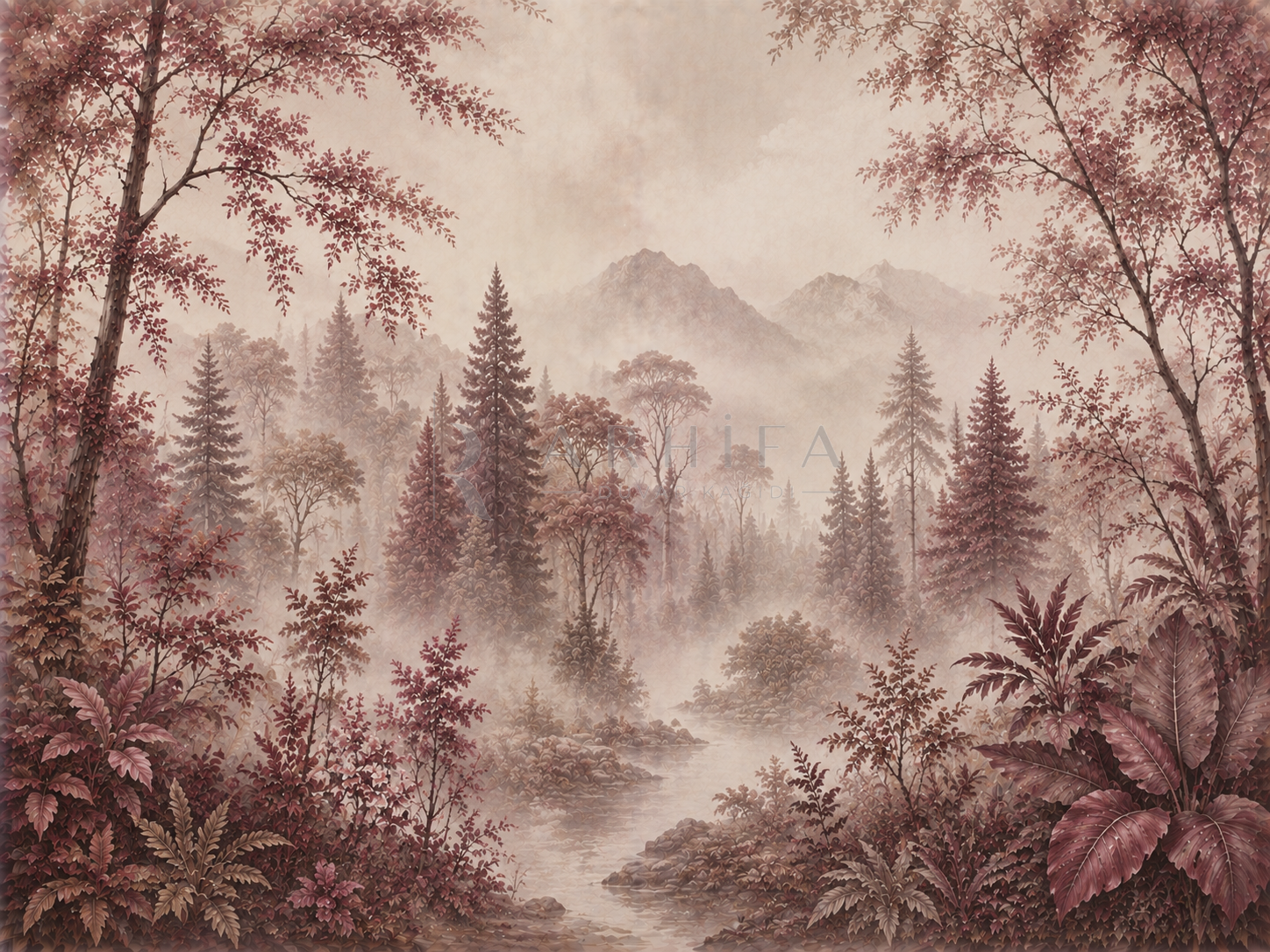 — Misty Burgundy Forest Duvar Kağıdı (FMB-009) – görsel 2