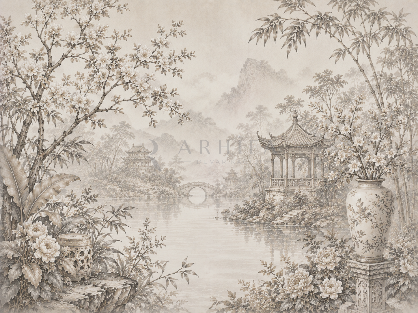 Greige Chinoiserie - Özel Tasarım Duvar Kağıdı (FMG-004) – görsel 4
