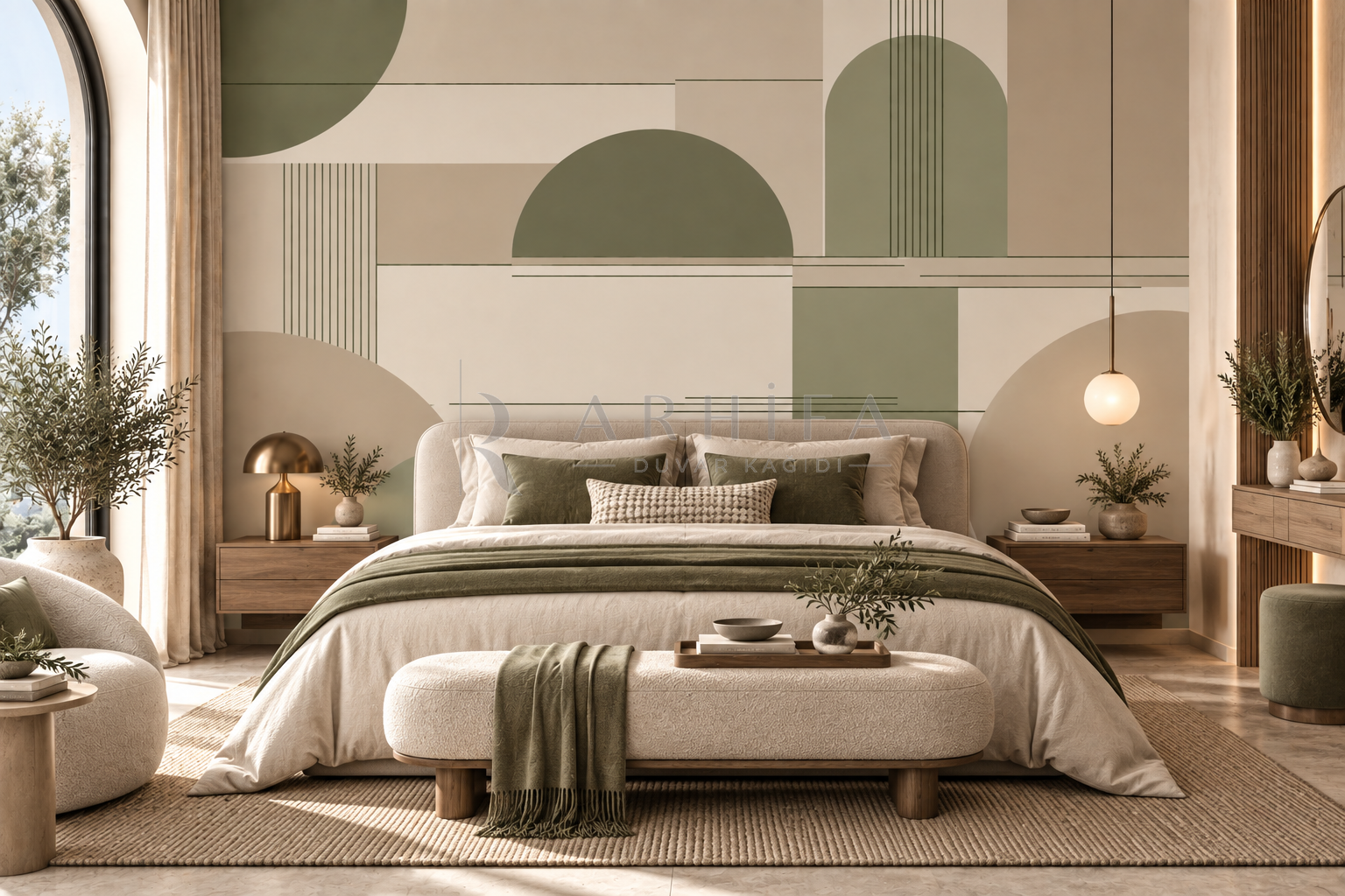 Olive Offset Lines - Özel Tasarım Duvar Kağıdı (MGO-006) görsel