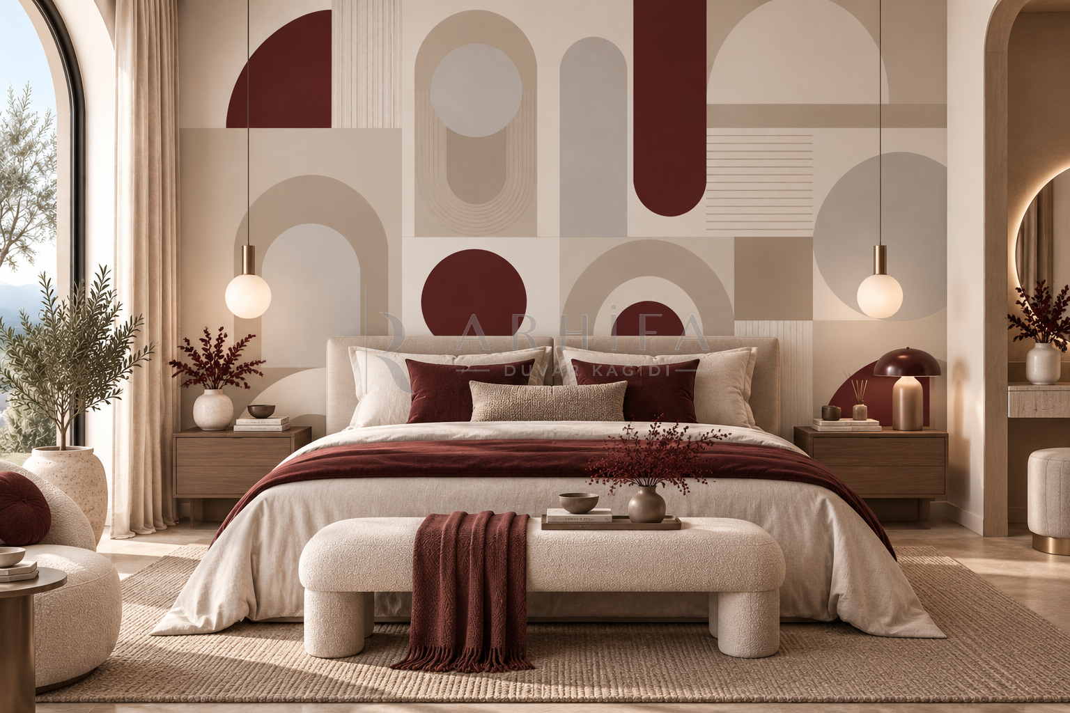 Burgundy Calm Geometry - Özel Tasarım Duvar Kağıdı (MGR-008) görsel