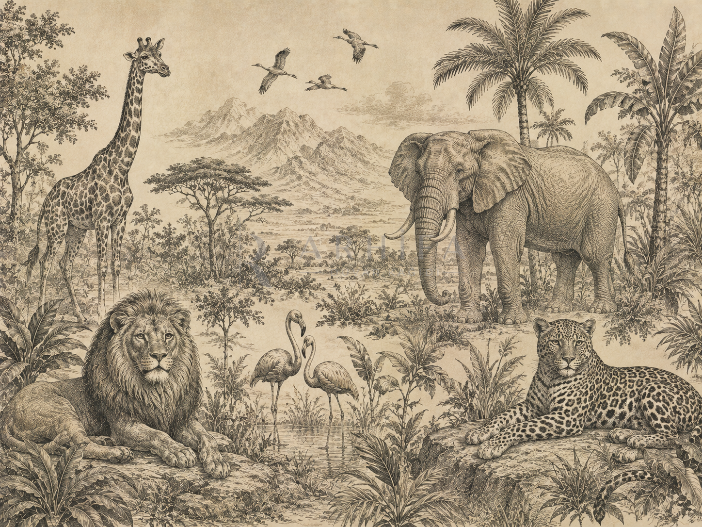 — Vintage Wildlife Engraving Duvar Kağıdı (WL-014) – görsel 2