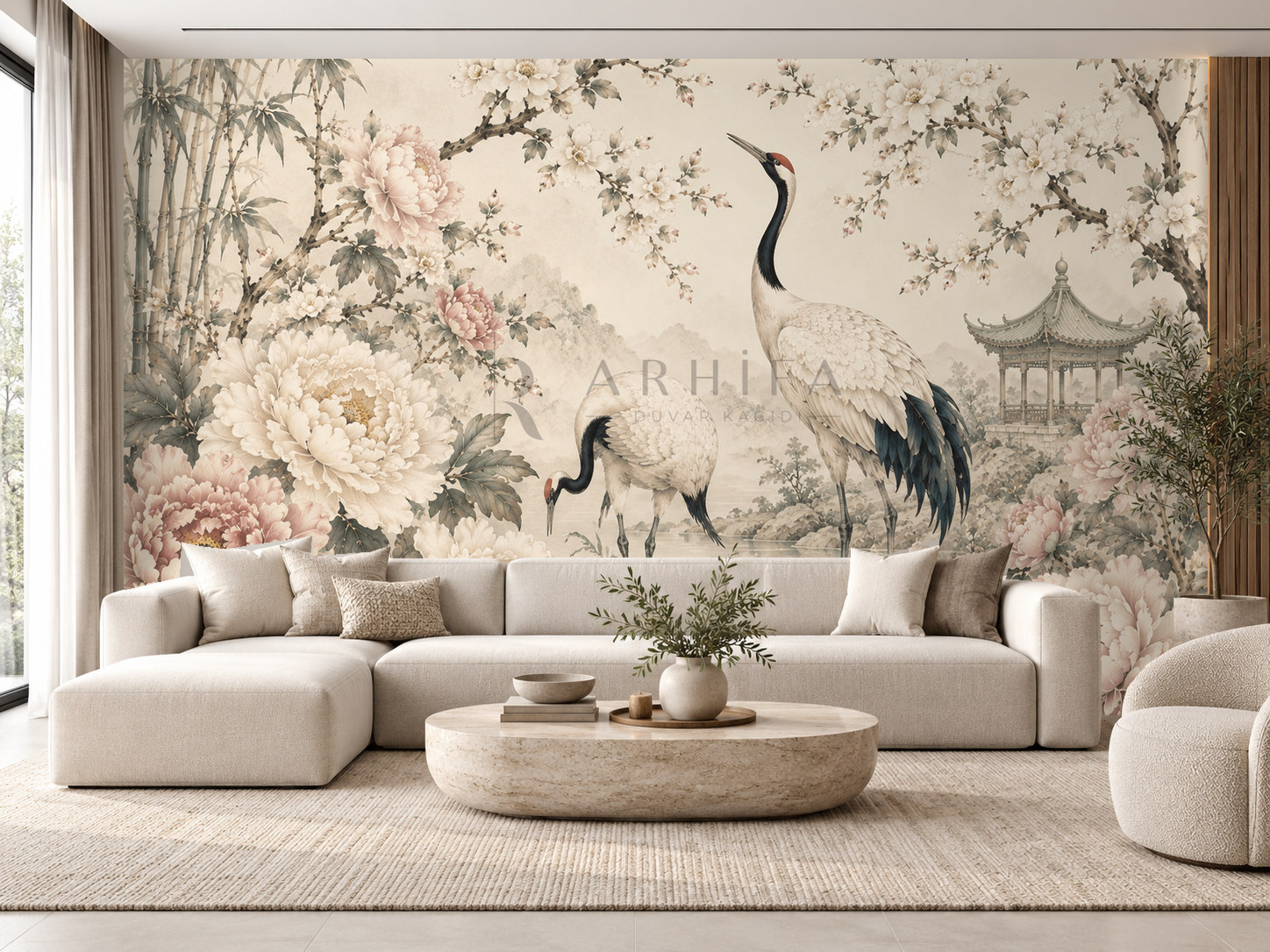 — Peony & Crane Duvar Kağıdı (CH-006) – görsel 1