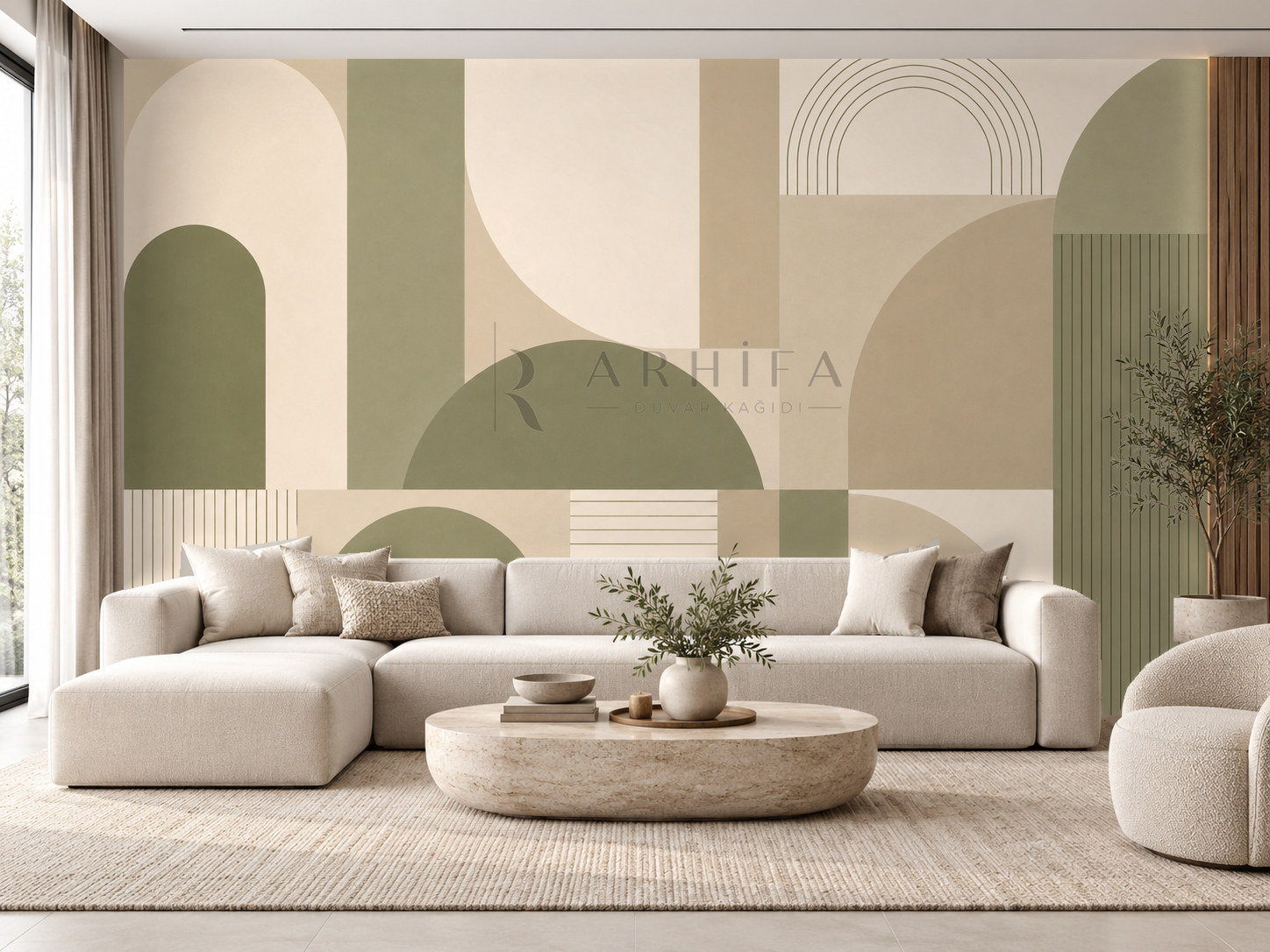 — Olive Calm Geometry Duvar Kağıdı (MGO-008) – görsel 1