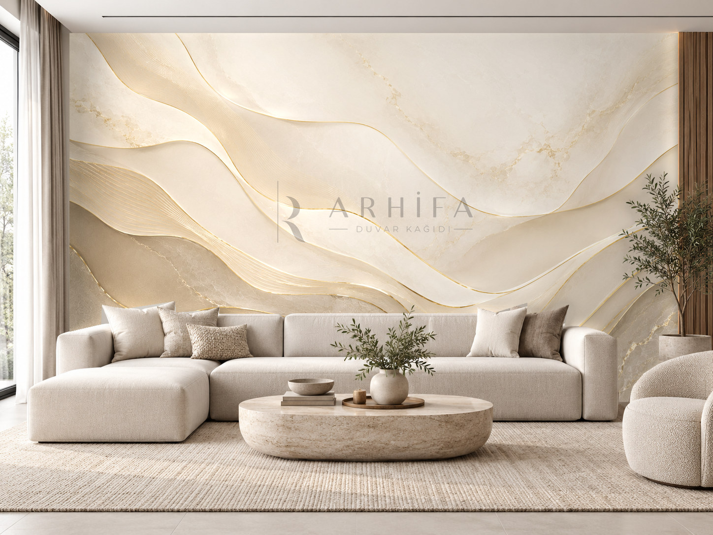 Timeless Luxury (Yumuşak katmanlar ve zarif altın çizgiler) Duvar Kağıdı (LC-010) – görsel 1