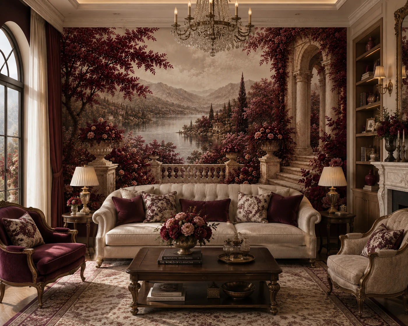 Bordo Çiçek Bahçesi - Klasik Duvar Kağıdı (FMB-014) — Salon