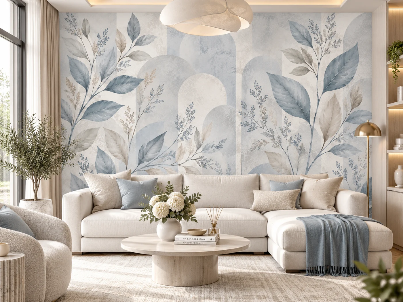 Sisli Mavi Botanik - Pastel Yaprak Duvar Kağıdı (SBM-007) — Salon