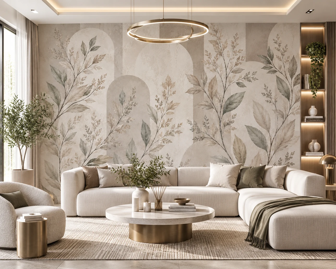 Greige Bahçe - Nötr Botanik Duvar Kağıdı (SBM-010) — Salon